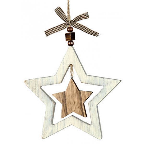 Χριστουγεννιάτικο Κρεμαστό Ξύλινο Διπλό Αστέρι και Φιόγκο (16cm)